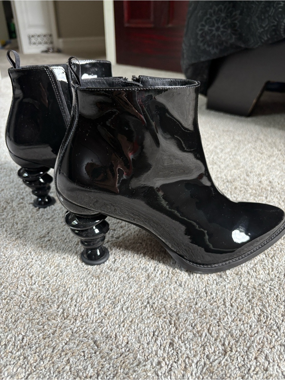 Fluevog Rashida Black Patent Ankle Boots with Sculpted Heel - Picture 10 of 10